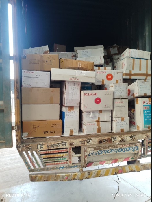 Container being loaded with stored goods for onward transport